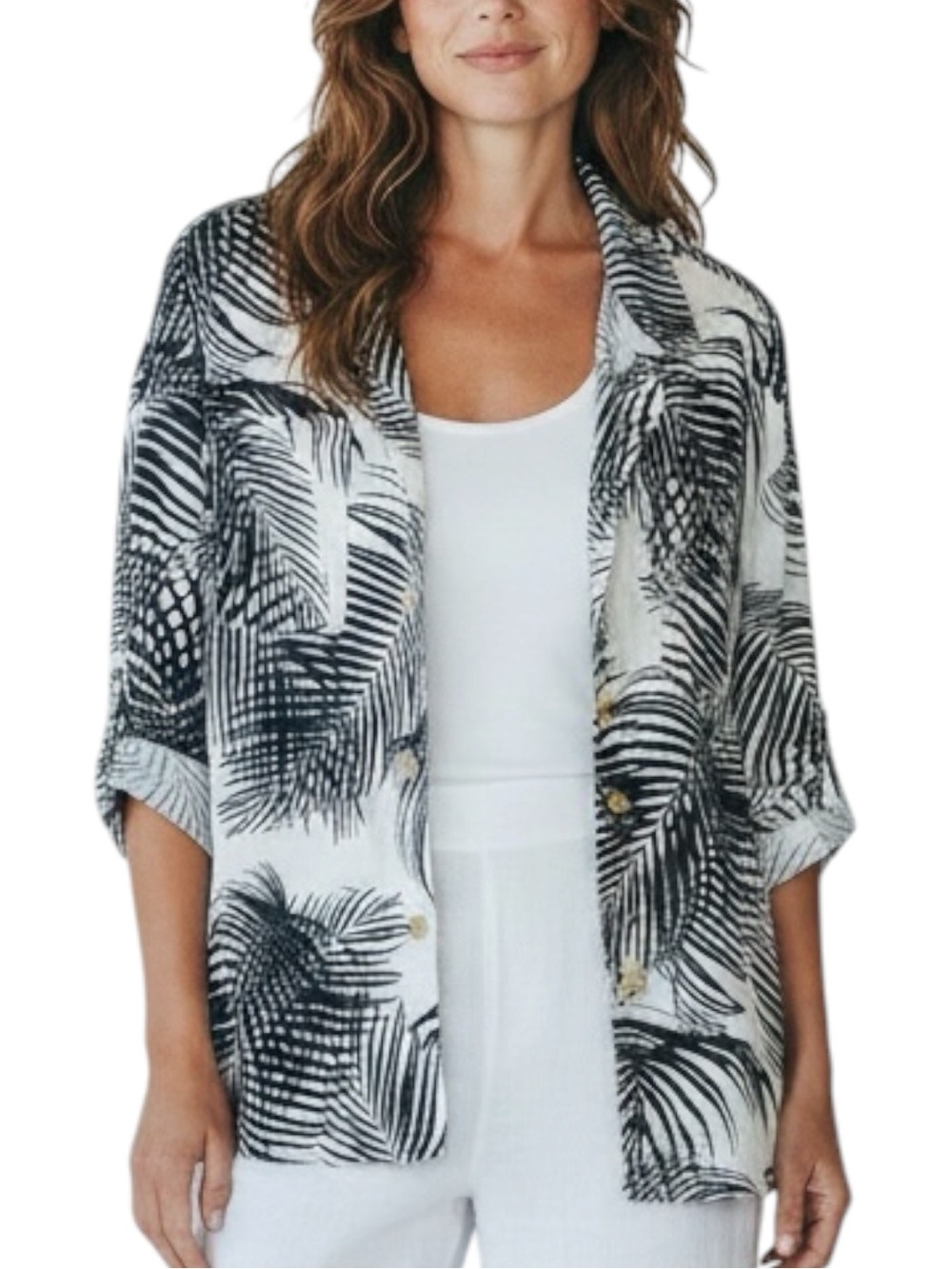LIZ CLAIBORNE Linen Blend Navy Blue / White Palm-Print Button Front Shirt Size M